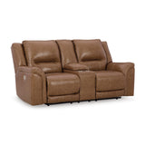 Signature Design by Ashley Trasimeno Contemporary Leather Match Power Reclining Loveseat with Console, Adjustable Headrest and USB Ports, Dark Brown Signature Design by Ashley