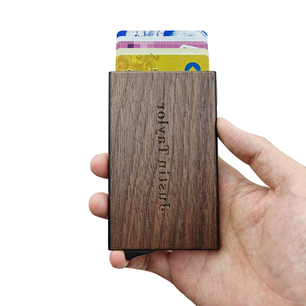 MOJIA Personalized Pop Up Wallet, Custom Engraved Wooden Metal Credit Card Holder for Men and Women, RFID Blocking Mini Bank Card Holder Case, Perfect Gifts (Walnut) MOJIA