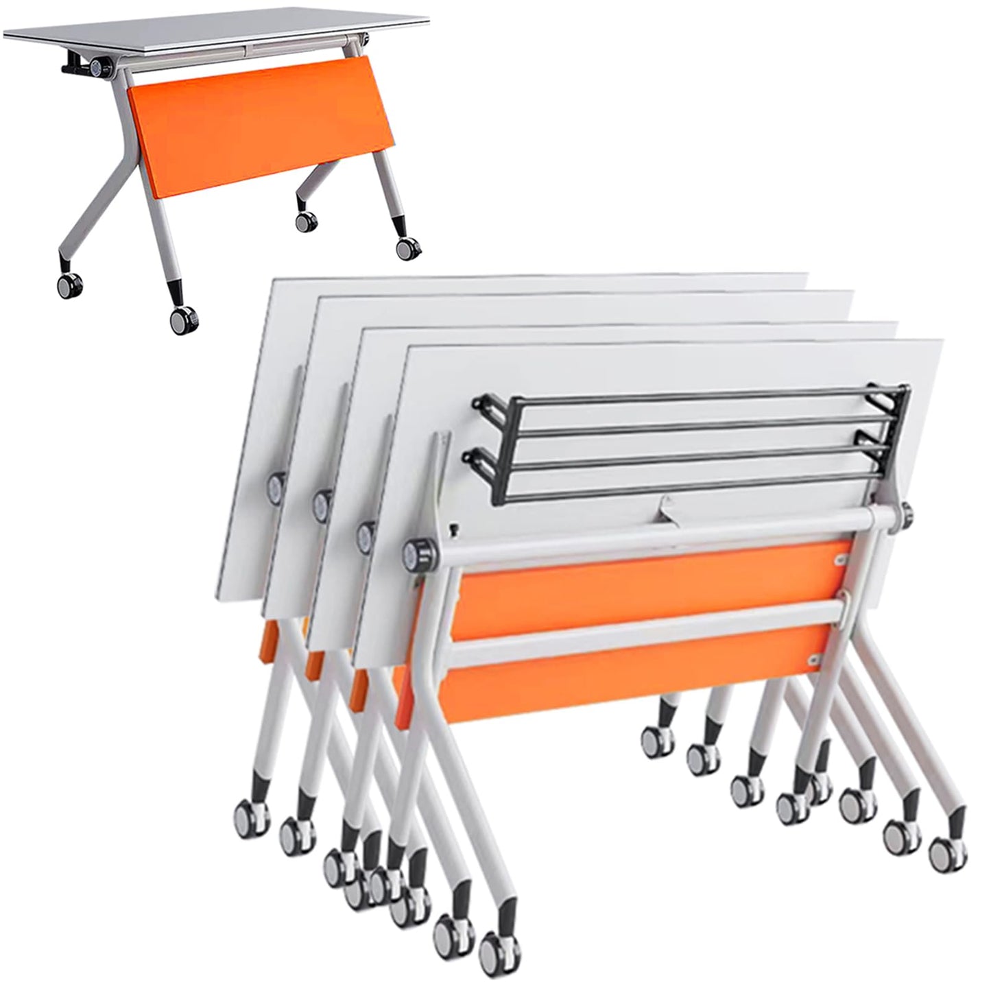 Conference Room Table,4 Pack Modern Office Folding Conference Training Table，Flip Top Mobile Seminar Table with Lockable Wheels,Mobile Foldable Meeting Table for Classroom Office (Orange)