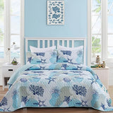 Dinjoy Coastal Quilt Set Twin Size, Blue Ocean Beach Themed Bedding Set Coral Seashell Conch Starfish Pattern Microfiber Lightweight Summer Bedspread Coverlet Bed Set All Season(68x86 Inch) Dinjoy