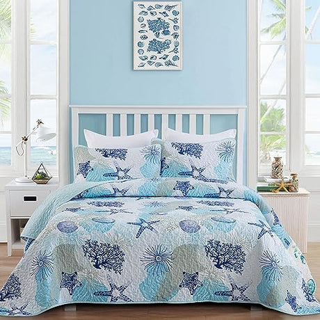 Dinjoy Coastal Quilt Set Twin Size, Blue Ocean Beach Themed Bedding Set Coral Seashell Conch Starfish Pattern Microfiber Lightweight Summer Bedspread Coverlet Bed Set All Season(68x86 Inch) Dinjoy