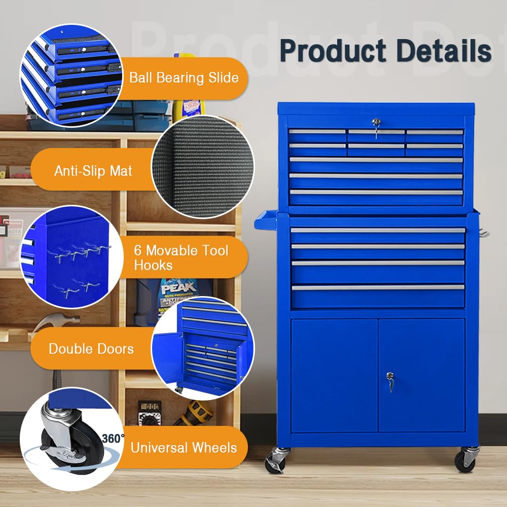 Sonlmik Tool Chest, 13-Drawer Rolling Tool Chest with Double Door Handle, 2 in 1 Detachable Tool Chest, Large Tool Storage with Wheels, Lockable Tool Chest for Garage, Barbershop Sonlmik