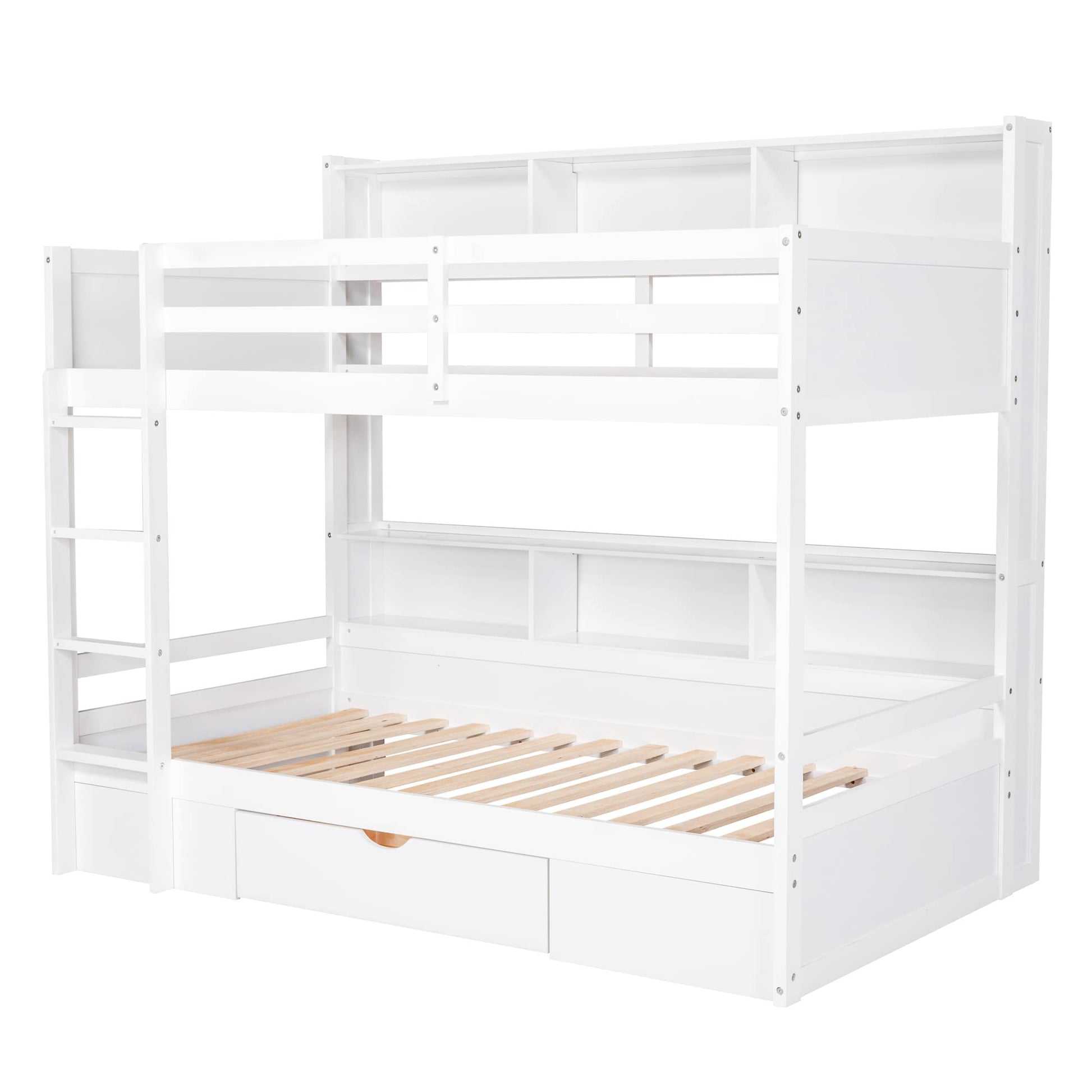 Twin Over Twin Solid Wood Bunk Bed with Storage Drawer and Built-in Shelves by Harper & Bright Designs in White - WoodArtSupply