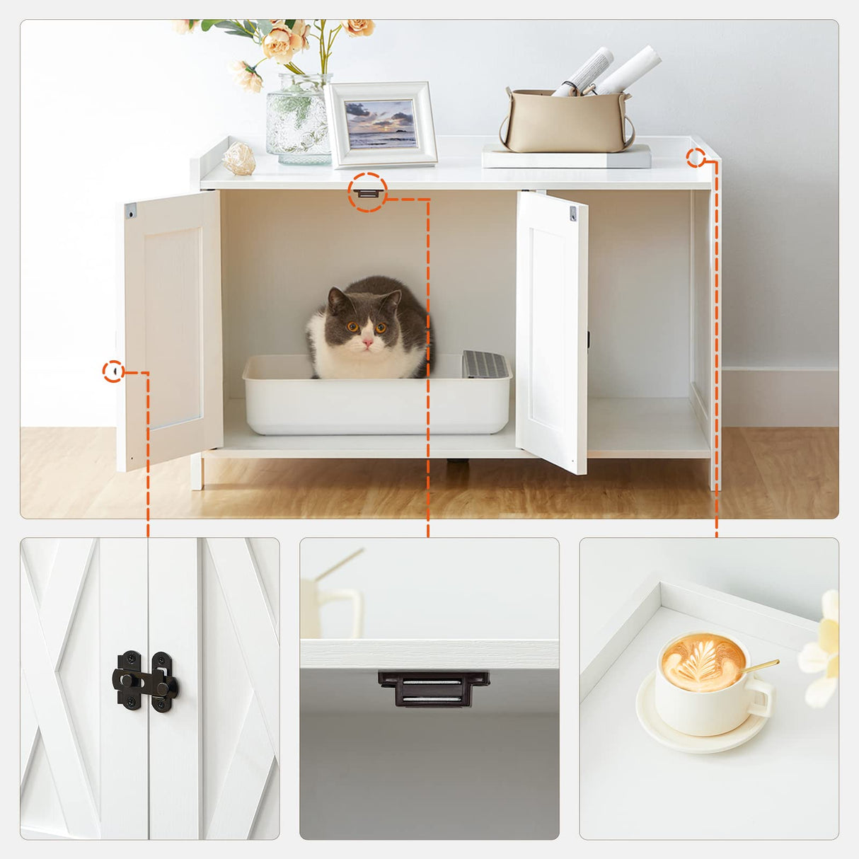 MAHANCRIS Cat Litter Box Enclosure, Hidden Litter Box Furniture with Divider, Wooden Cat Washroom Storage Cabinet Bench, Indoor Cat House as Table Nightstand, for Living Room, Bedroom, White CWWT2501 MAHANCRIS