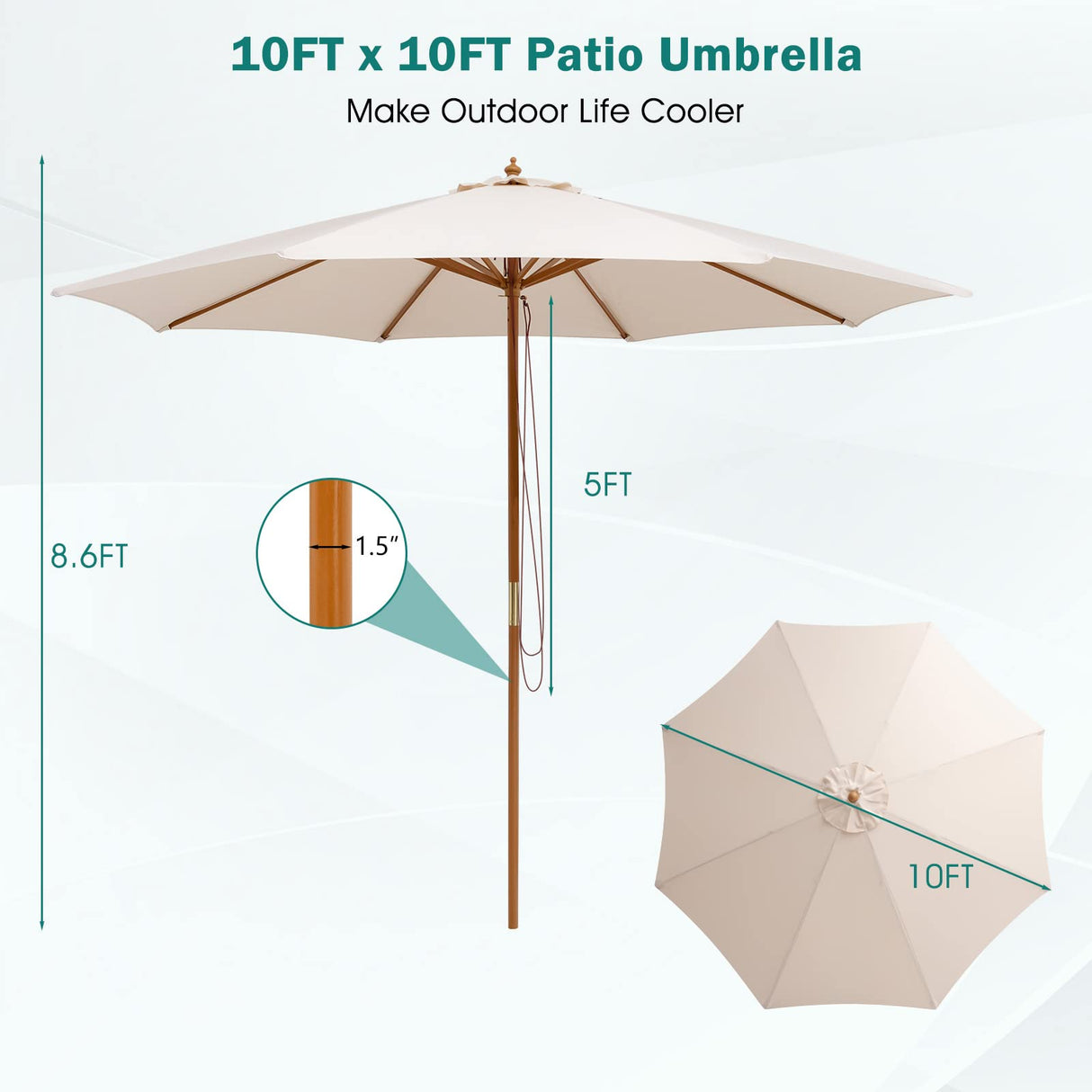 Giantex 10FT Patio Umbrella, Outdoor Table Market Umbrella with 8 Bamboo Ribs, Pulley Lift and Ventilation Hole, Outdoor Sunshade Umbrella for Poolside Backyard Beach (Beige) Giantex