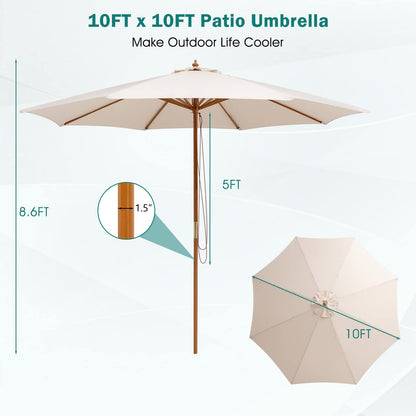 Giantex 10FT Patio Umbrella, Outdoor Table Market Umbrella with 8 Bamboo Ribs, Pulley Lift and Ventilation Hole, Outdoor Sunshade Umbrella for Poolside Backyard Beach (Beige)