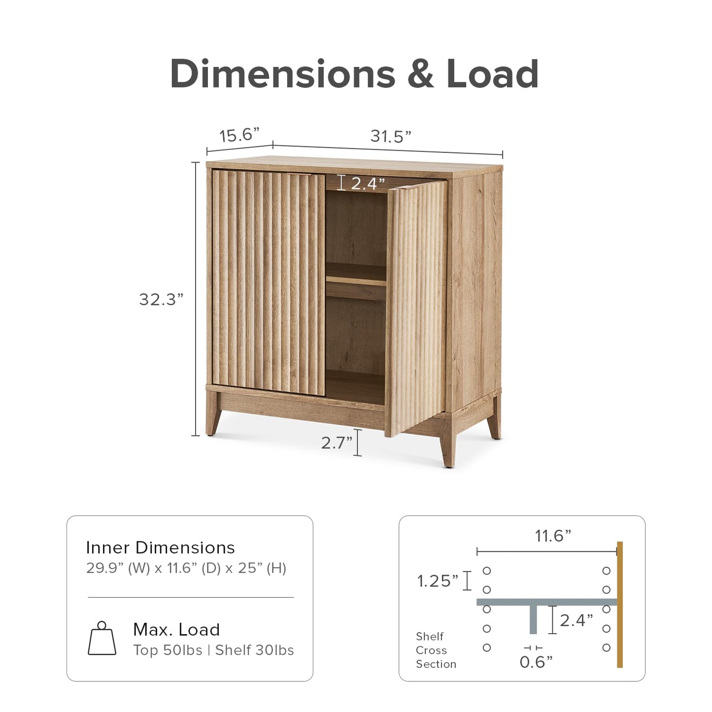 mopio Brooklyn Storage Cabinet, Modern Farmhouse Entryway Accent Cabinet, Buffet Sideboard, Credenza, Wood Modular Cabinet with Doors & Shelf, Fluted Panel, for Living Room, Dining Room, Kitchen, Oak