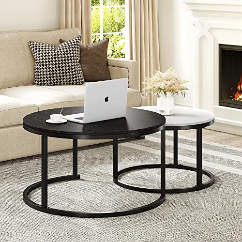 YITAHOME Nesting Coffee Table Set of 2, Modern Round Stacking Circle Coffee Tables with Storage, Wooden Top Metal Frame End Side Cocktail Tea Center - WoodArtSupply