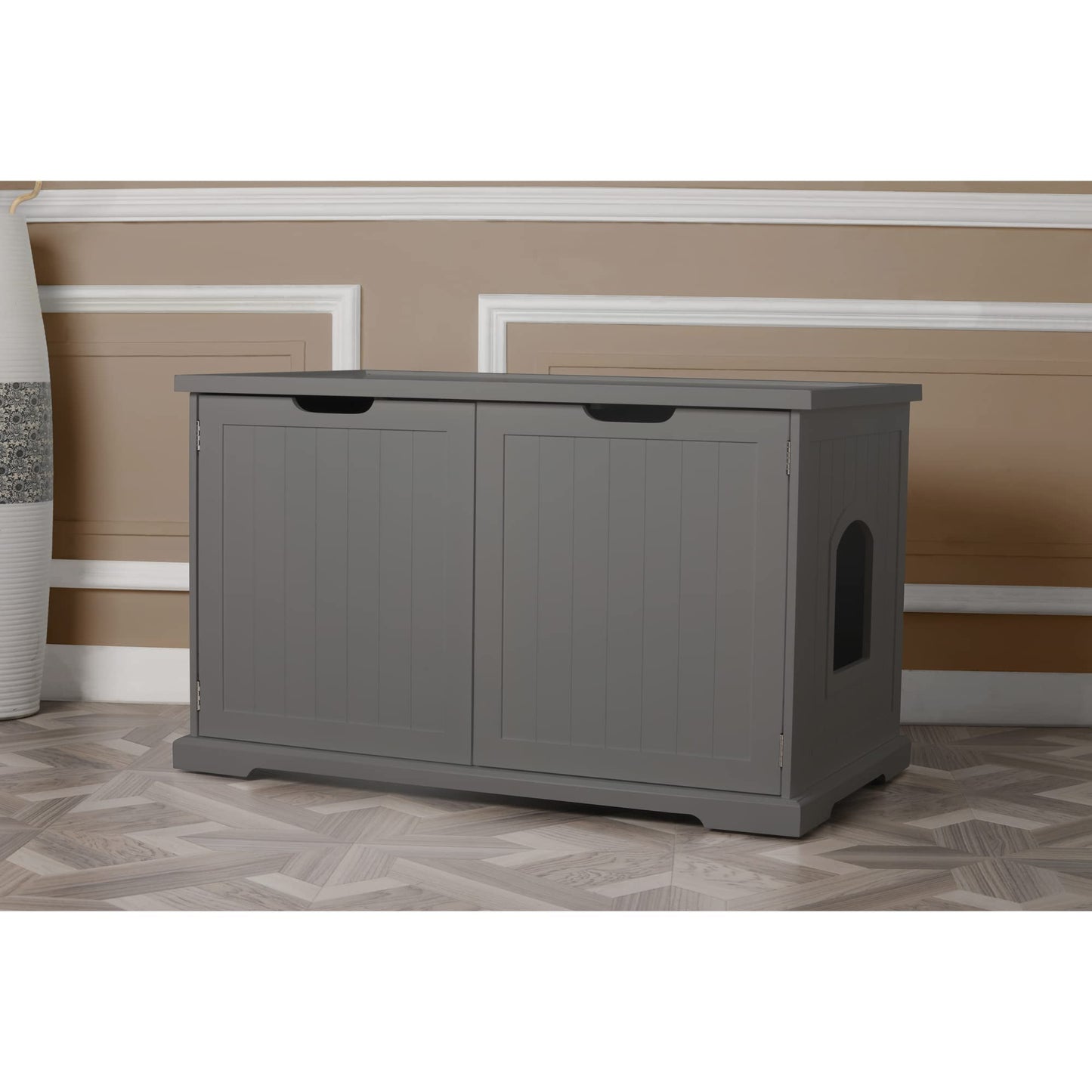 Merry Products Adjustable Pet Cat Washroom Storage Bench Furniture with Removable Partition Wall for All Size Litter Boxes, Gray