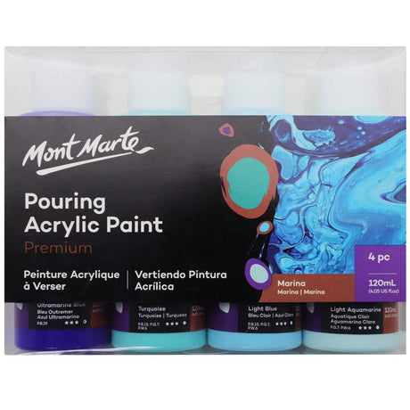 Mont Marte Premium Acrylic Pouring Paint Set, Marina, 4 x 4oz (120ml) Bottles, Pre-mixed Acrylic Paint, Suitable for a Variety of Surfaces Including Stretched Canvas, Wood, MDF and Air Drying Clay. Mont Marte