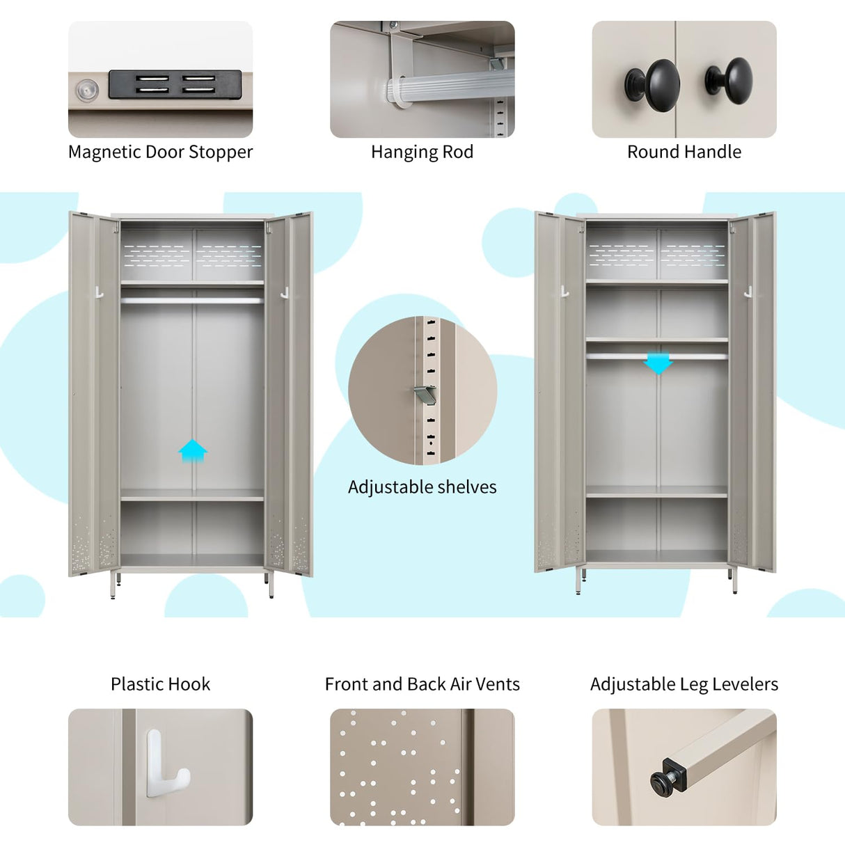 YEEZER Metal Armoire Wardrobe Closet Cabinet for Hanging Clothes with Lock Doors, -74" Steel Lockable Wardrobe Storage Locker Clothes Organizer for Bedroom, Laundry Room (Gray) YEEZER