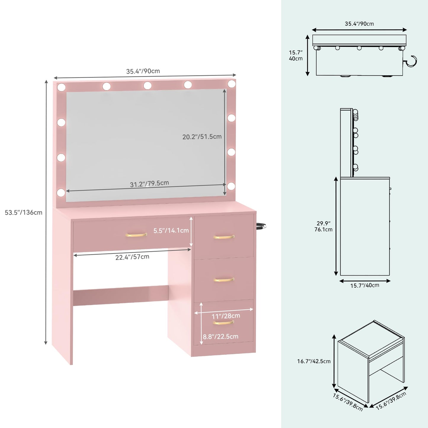 YITAHOME Makeup Vanity Desk with Large Lighted Mirror & Power Outlet, Makeup Vanity Set with 4 Drawers, Dressing Table with 3 Color Modes Available, Cushioned Bench, Bedroom, Pale Pink