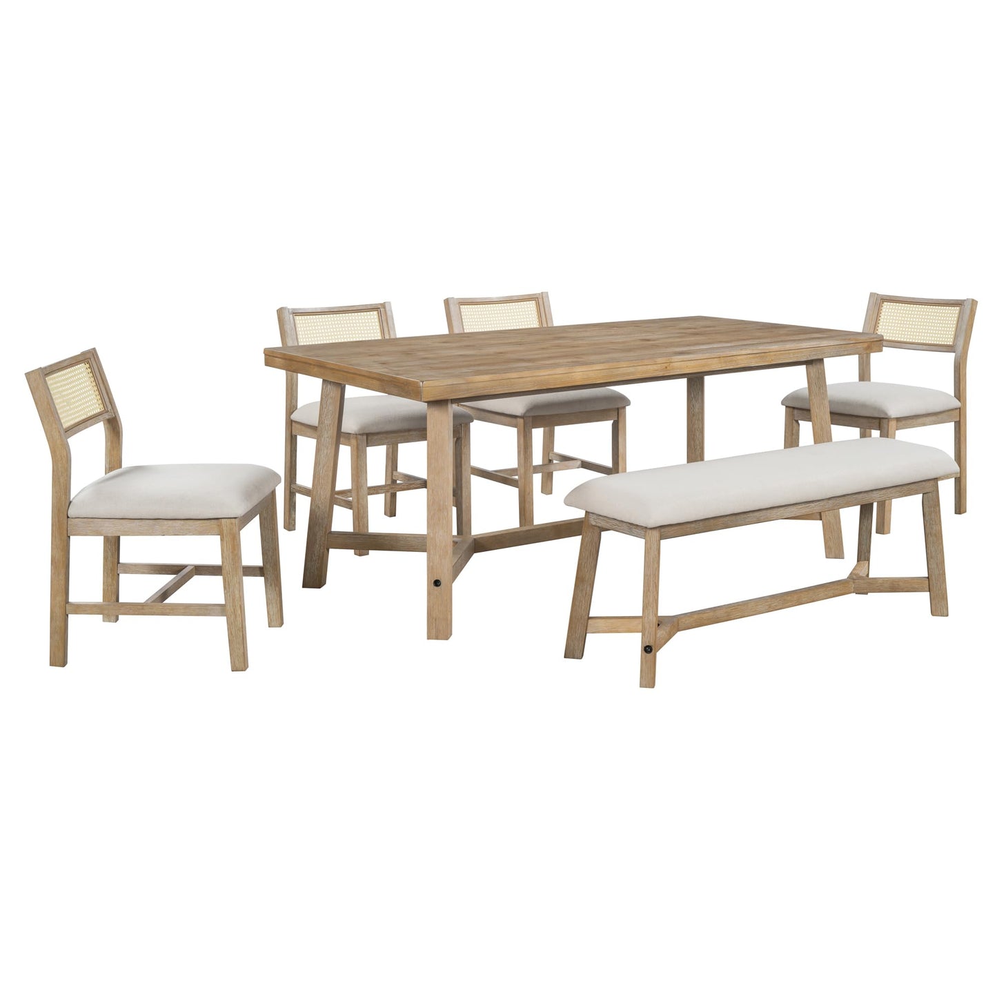 Wood Dining Table Set for 6 with 4 Chair & Bench, 6-Piece Rectangular Kitchen Table Set with 4 Upholstered Chairs & Bench Retro Dining Room Set for Dining Room (Natural Wood Wash)