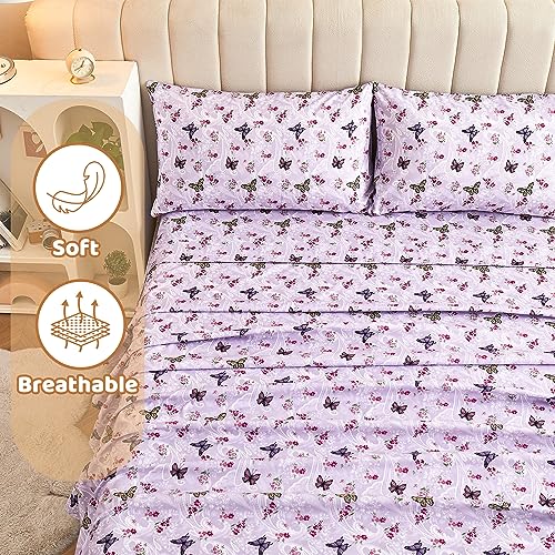 Softan Floral Twin Size Sheet Set, Purple Paisley Flower Printed Sheets for Kids Girls, Brushed Microfiber Fitted Sheet with 15" Deep Pocket & Non-Slip Straps, Butterfly Patterned Sheets Softan