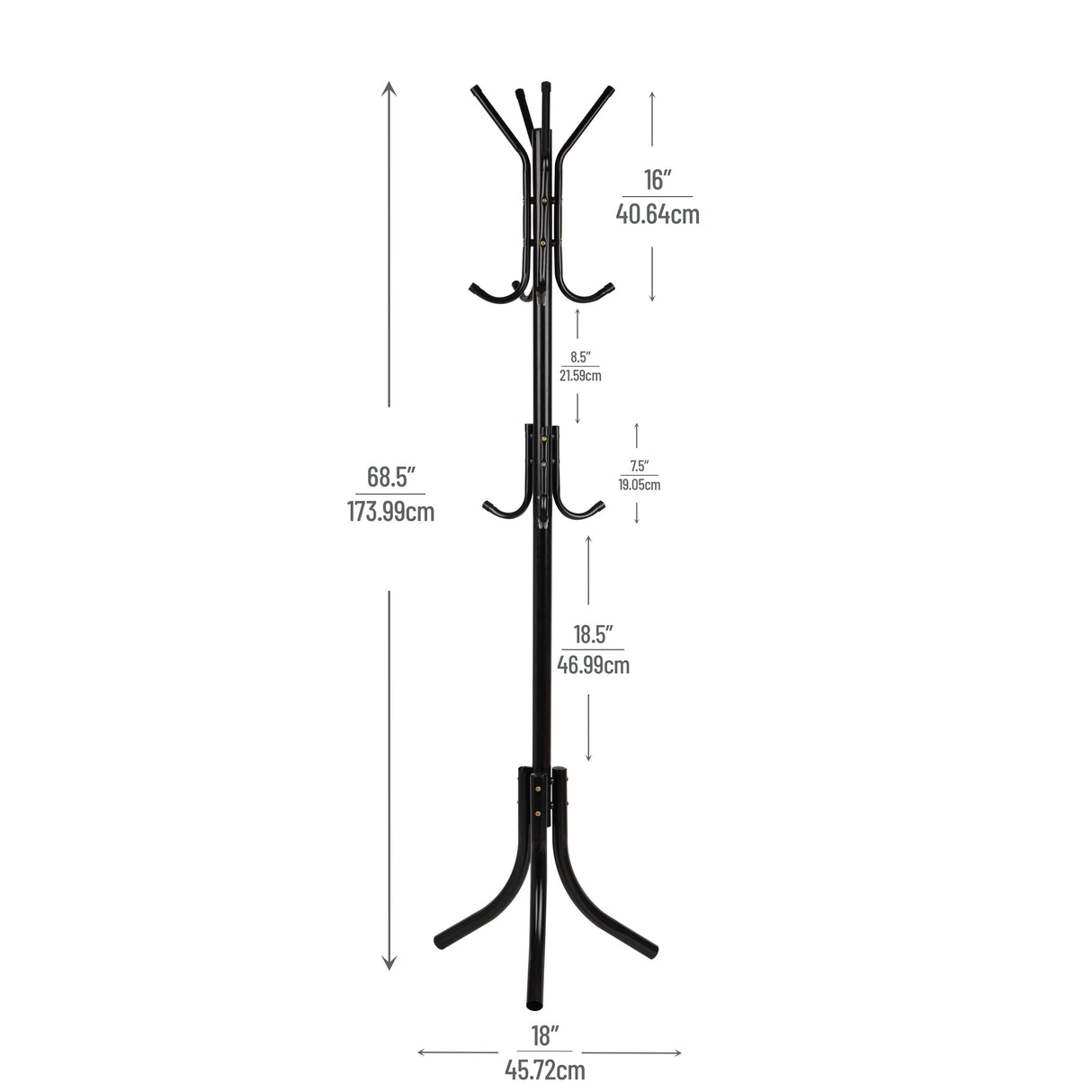Mind Reader Coat Rack, Hall Tree, Freestanding Organizer, Coat Tree, Hat, Jacket, Purse, Metal, 18"L x 18"W x 68.5"H, Black, 11 Mind Reader