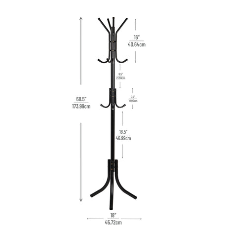 Mind Reader Coat Rack, Hall Tree, Freestanding Organizer, Coat Tree, Hat, Jacket, Purse, Metal, 18"L x 18"W x 68.5"H, Black, 11 Mind Reader