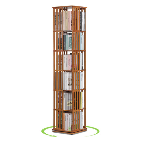 Magshion Rotating Bookcase - 6-Tier Corner Shelf Bamboo Media Storage, 70.5" High Revolving Floor Standing Organizer Living Room Bedroom 360 Degree Rotating Storage (Natural, Stripe Guardrail) Magshion
