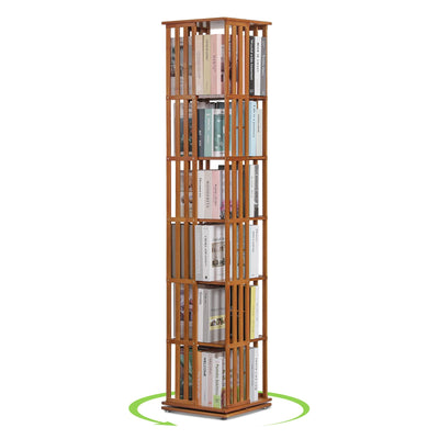 Magshion Rotating Bookcase - 6-Tier Corner Shelf Bamboo Media Storage, 70.5" High Revolving Floor Standing Organizer Living Room Bedroom 360 Degree Rotating Storage (Natural, Stripe Guardrail)