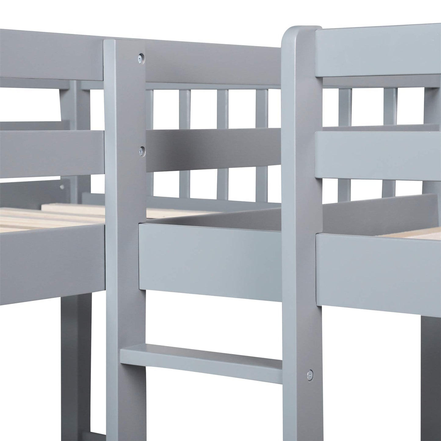 MERITLINE L-Shaped Bunk Beds for 4, Twin Over Twin Bunk Beds with Storage Drawers, Solid Wood Quad Bunk Beds for Kids, Teens, Girls,Boys, Grey