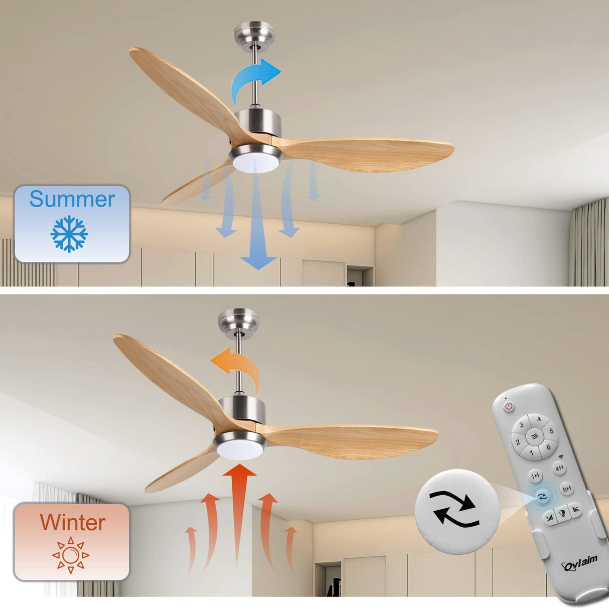Ovlaim 52 Inch Solid Wood Ceiling Fans with Lights Remote Control, 6 Speed Quiet DC Motor 3 Blade Propeller Smart Ceiling Fan, Indoor Living Room Bedroom Ovlaim