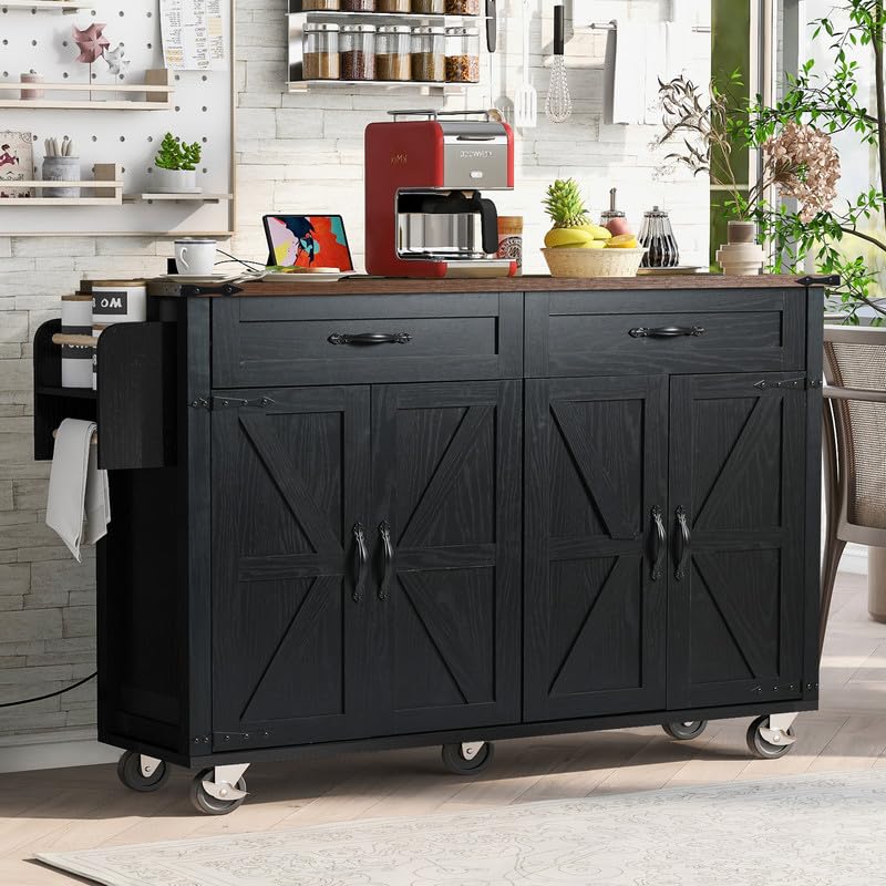 53.5''Farmhouse Kitchen Island with Power Outlet, Kitchen Storage Island with Drop Leaf, Spice Rack and Drawer, Rolling Kitchen Cart on Wheels, for Home, Kitchen and Dining Room, Black HomeGearTech
