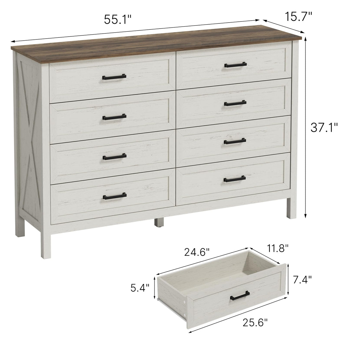 LYNSOM Farmhouse 8 Drawer Dresser for Bedroom, 55 Inch Wide Wood Rustic Chest of Drawers with X-Marking & Bar Handle, Large Storage Dressers Organizer for Bedroom, Living Room, Antique White LYNSOM