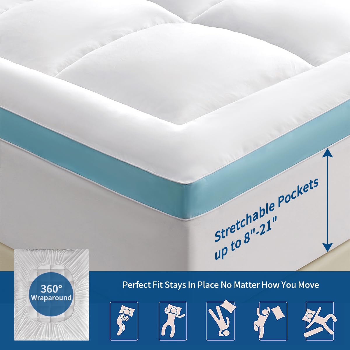 STWIENER King Mattress Topper, Pillow Top Mattress Topper for Back Pain Relief, Extra Thick Mattress Pad Deep Pockets for 8"-21", Soft Down Alternative Fill Mattress Protector, Blue Stripe STWIENER