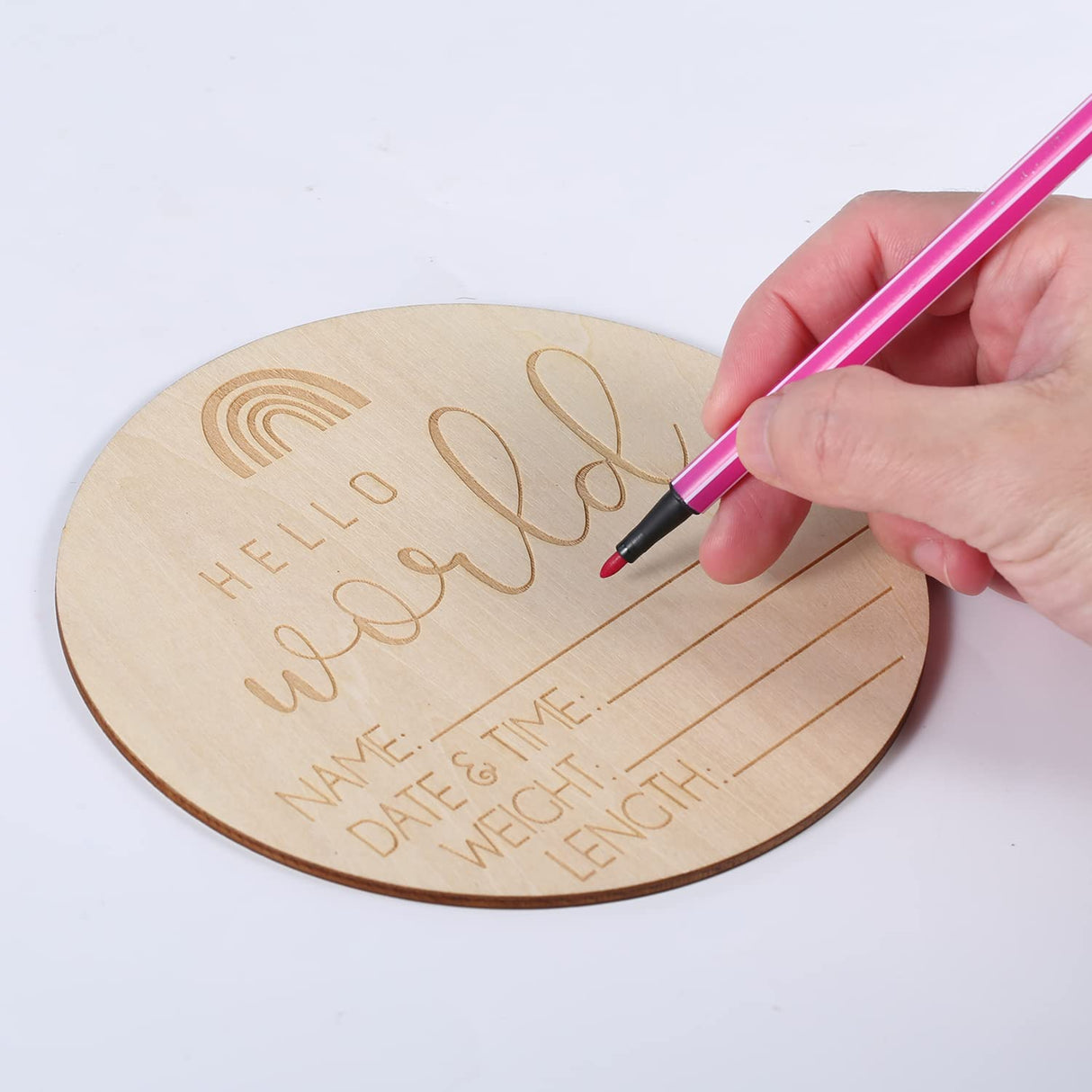 AIEX Wooden Baby Announcement Sign, Birth Announcement Sign Round Wooden Newborn Welcome Sign Hello World New Baby Name Announcement Sign for Girl AIEX