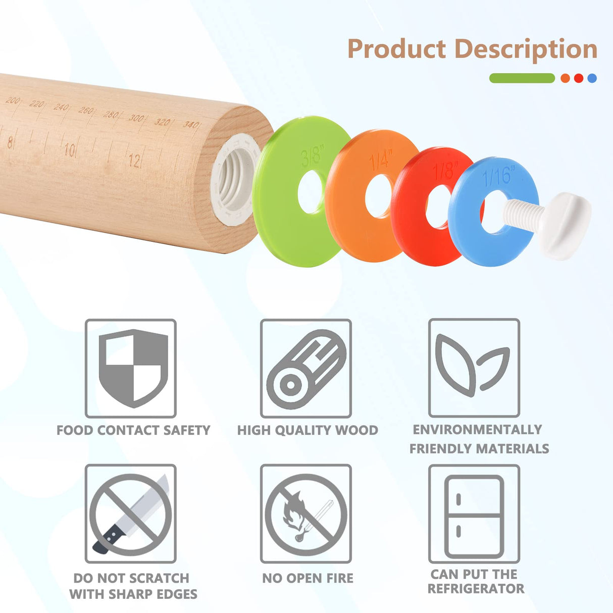 Yasashii Wood Rolling Pin With 4 Adjustable Thickness Rings, Non-stick Dough Roller For Baking, 17 Inch Pizza Roller For Kitchen supplies, Handle Press Design For Fondant, Pizza, Pie Crust, Cookie Yasashii