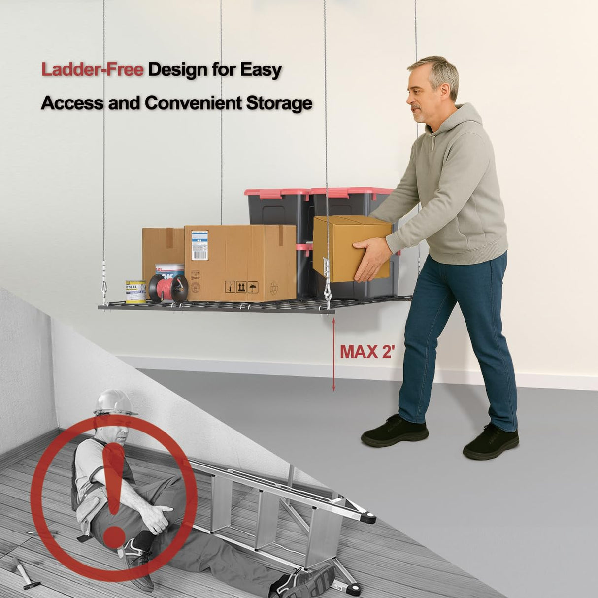 Overhead Garage Storage Rack for 10–12 FT Ceiling, Heavy-duty 4x4 FT Ceiling Storage Racks with Safety Lock, Ideal for Garage Storage Mounted Lift System and Storage Organizer, 250lbs Capacity KOKORACKER