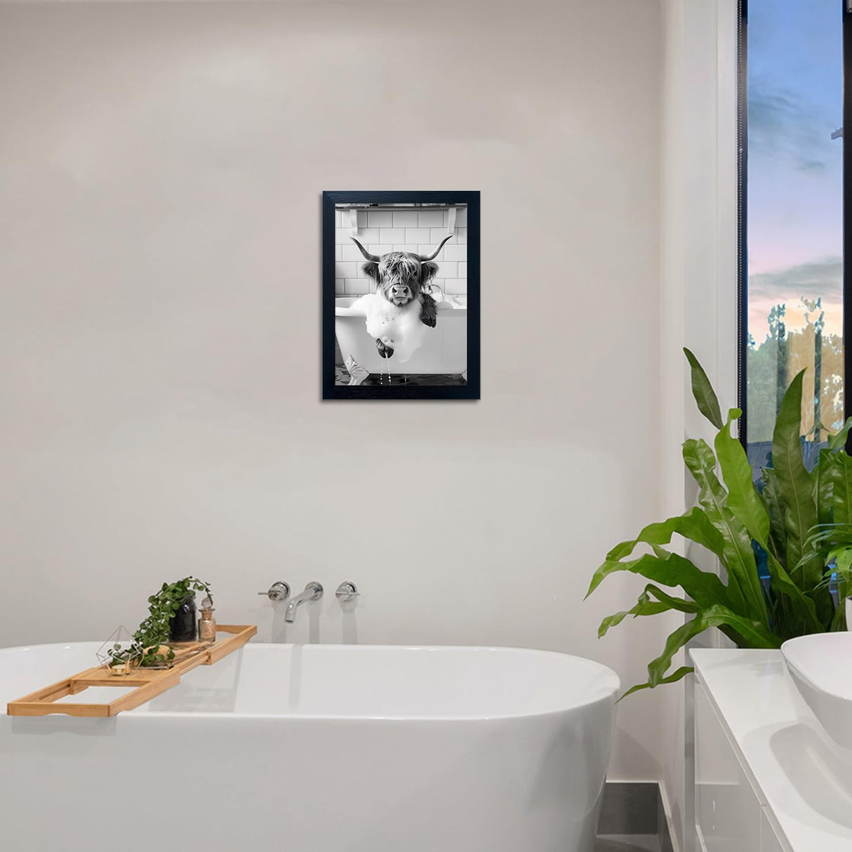 Highland Cow Bathroom Decor, Funny Bathroom Wall Art, Highland Cow in Bathtub Farmhouse Canvas Print, Black and White Cow Pictures Wall Decor, Framed Animal Pint Artworks for Wall Senlifa Art