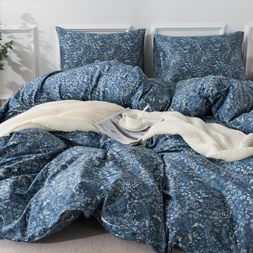 HoneiLife Duvet Cover Sets Twin - 100% Cotton Floral Comforter Cover, 2-PCS Breathable Bedding Set with Zipper Closure & Corner Ties, Wildflower Duvet Cover for All Season Use,Blueblack, King HoneiLife