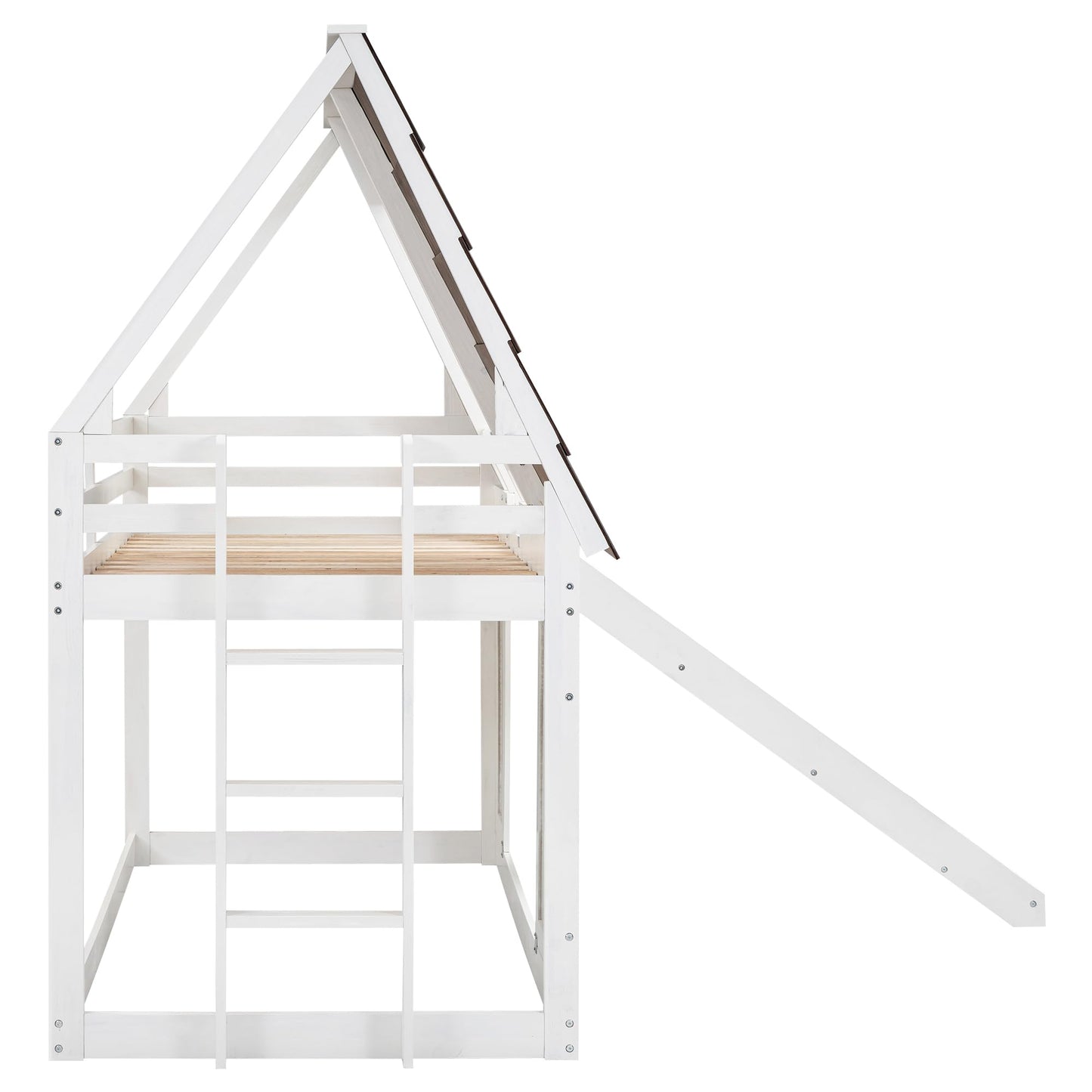 Merax Twin Over Twin House Bunk Bed Frame with Roof,Window,Ladder and Slide for Boys Girls, White & Brown