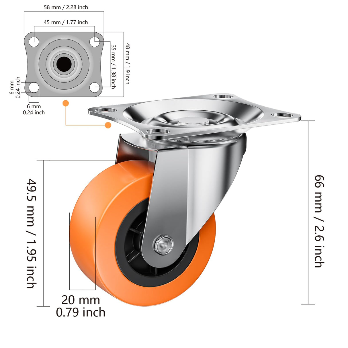 2 Inch Casters, ASHGOOB Caster Wheels/Casters Set of 8, 360° Swivel Universal Plate Caster Wheels for Storage Box/Small Furniture/Kitchen Appliances, Orange Polyurethane (PU) Castors (8 Pack) ASHGOOB