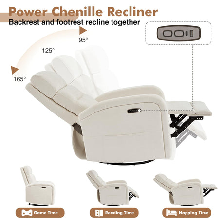 Glider Recliner Nursery Chair, Power Swivel Rocker Recliner with Adjustable Backrest Support, Swivel Rocking Nursery Recliner Chairs with USB and Type-C Ports for Living Room, Chenille Cream White AEMEIOS