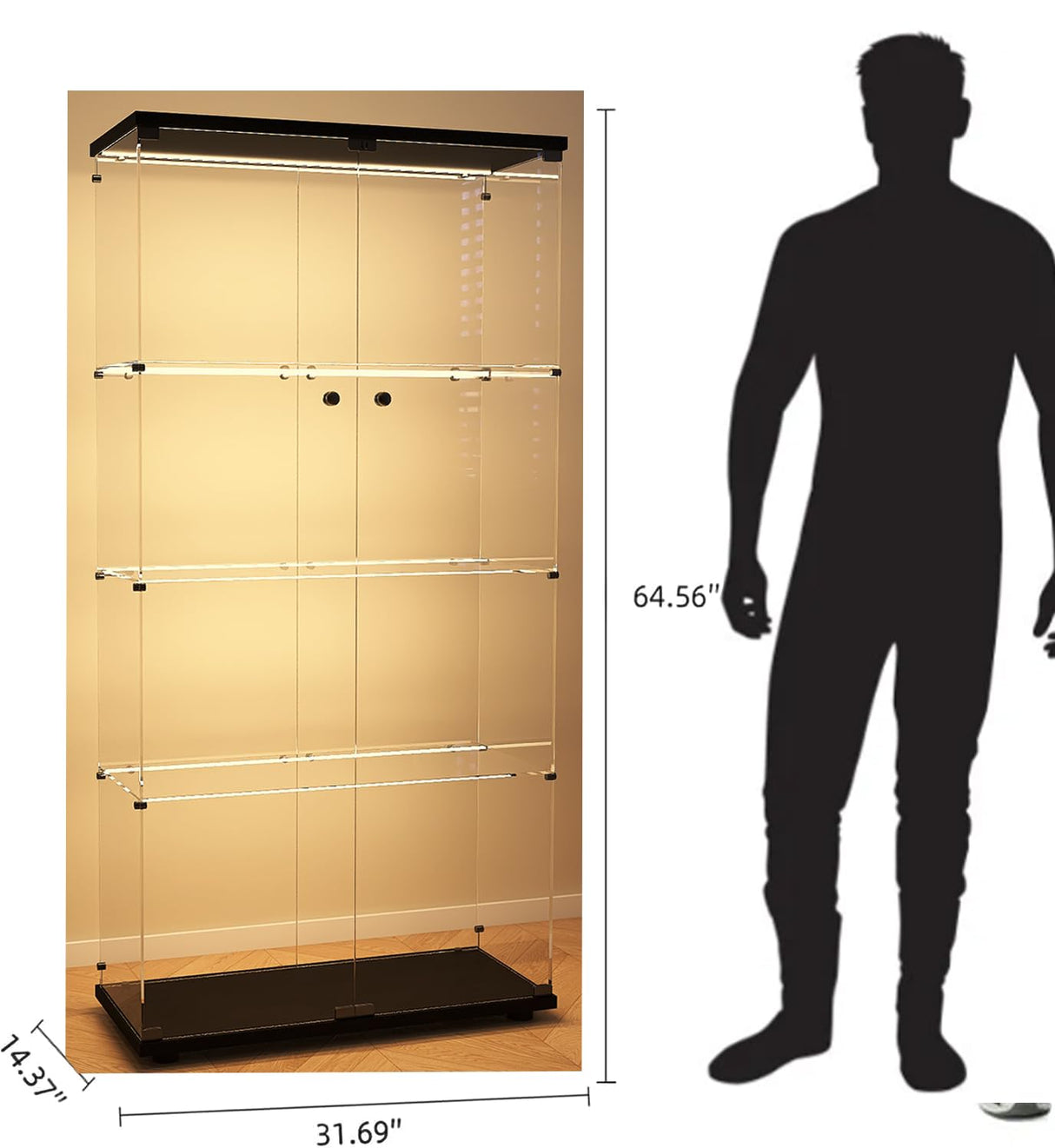 Modern 4-Tier Glass Display Shelf with 2 Doors, Curio Cabinet Collection - Floor Standing Display Case for Living Room, Bedroom, Home Office - 30" W x 14.5" D x 64" H (Black with LED Light Strip) Zacis