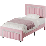 HOMBCK Twin Bed Frames for Girls, Pink Twin Bed Frame with Velvet Upholstered Vertical Channel Diamond Headboard, Princes Bed Frame, Adjustable Headboard, Wooden Slats Support, Easy Assembly, Pink HOMBCK