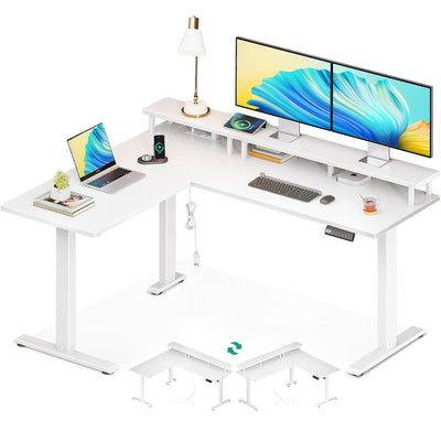 AODK Electric L-Shaped Standing Desk, Height Adjustable Office Desk with Monitor Stand, Sit-Stand Desk with Power Outlets, Large Lift Table for Home, Office, Workstation, White