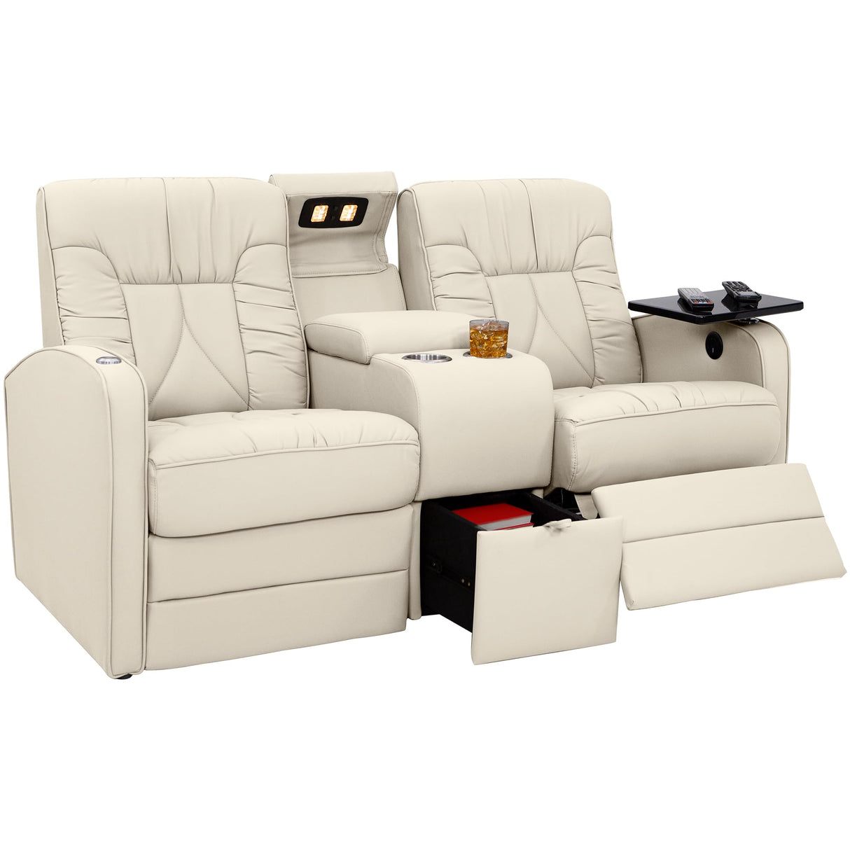 Qualitex De Leon RV Loveseat w/Storage Console, Ultimate Leather, Heat and Massage, Power Recline, Bisque Qualitex