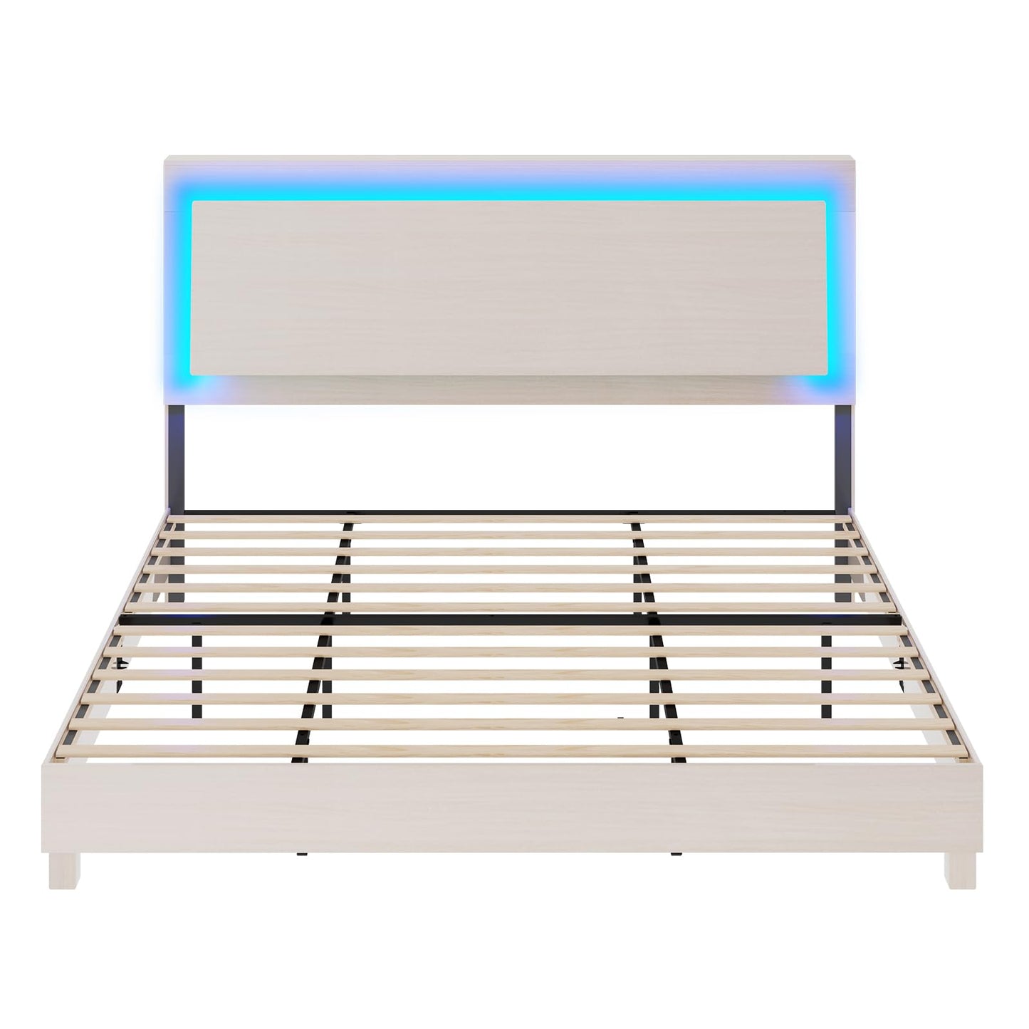 High Gloss White Woodgrain King Bed Frame with Floating Ergonomic Headboard and Smart RGBW LED Lights - WoodArtSupply