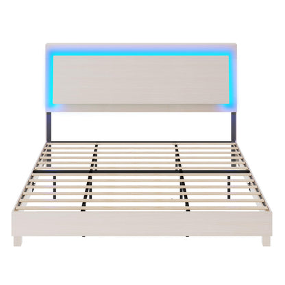 High Gloss White Woodgrain King Bed Frame with Floating Ergonomic Headboard and Smart RGBW LED Lights - WoodArtSupply