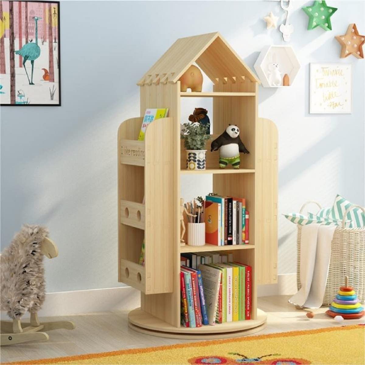 Gdrasuya10 360° Rotating Castle Bookshelf for Kids – Floor Standing Wood Bookcase Gdrasuya10