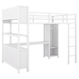 Bellamave Metal Loft Bed with Wardrobe and L-Shaped Desk, Full Size Loft Bed with Storage Cubes and Shelves, Heavy Duty Loft Bed for Kids Teens Adults, White Bellemave