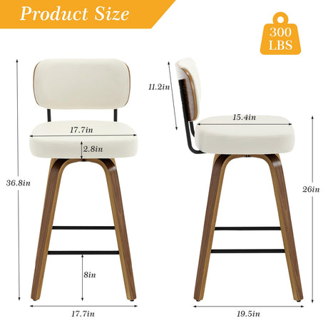 Bekrvio Mid Century Modern Swivel Bar Stools Set of 3 - 26" Upholstered Faux Leather with Ergonomic Backrest, Cream White Bekrvio