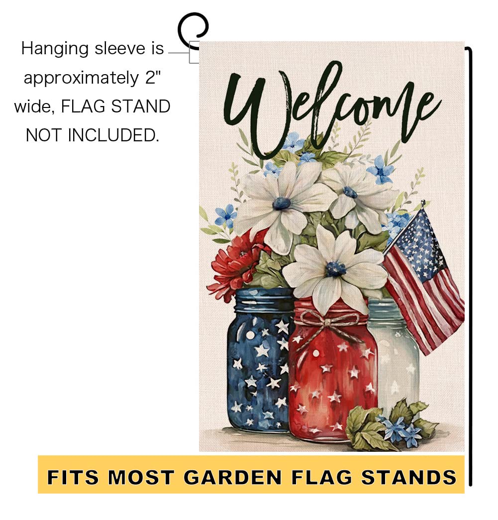 4th of July Floral Garden Flag 12x18 Vertical Double Sided Patriotic Mason Jar Flowers Red Blue Memorial Day Independence Day Holiday Outside Decorations Burlap Yard Flag BW321 BLKWHT