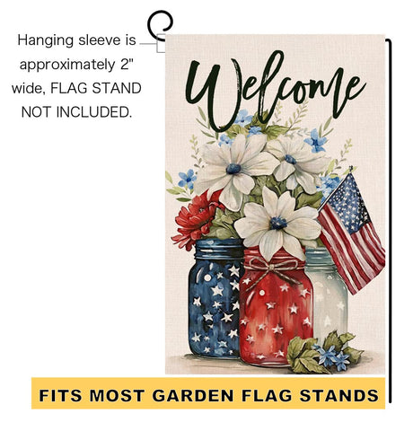 4th of July Floral Garden Flag 12x18 Vertical Double Sided Patriotic Mason Jar Flowers Red Blue Memorial Day Independence Day Holiday Outside Decorations Burlap Yard Flag BW321 BLKWHT