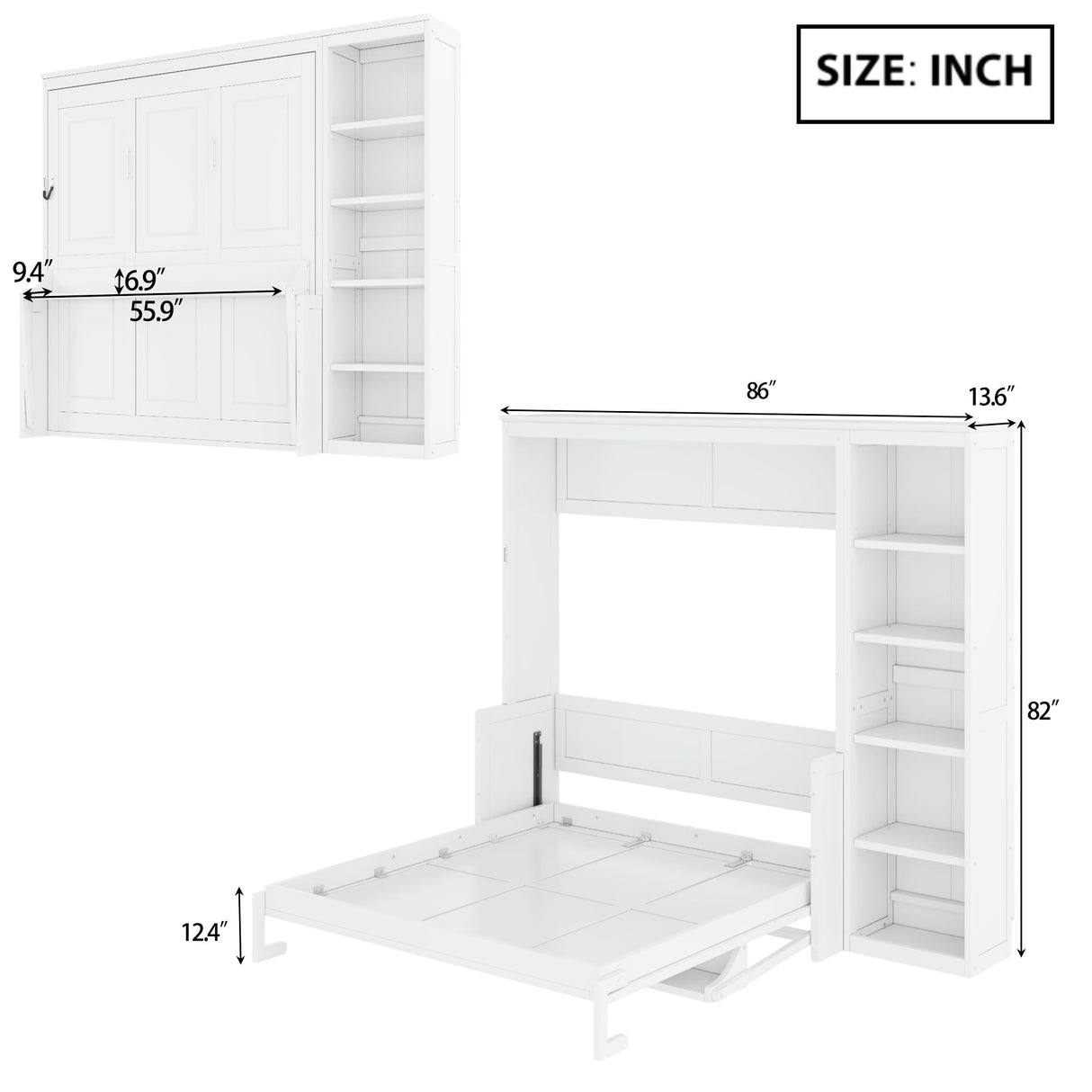 SOFTSEA Full Size Horizontal Murphy Bed with Desk & Shelves, Hideaway Wall Bed Cabinet with Gas Struts, Space-Saving Foldable Bed with Bookshelves for Guest Room Bedroom Office, White SOFTSEA
