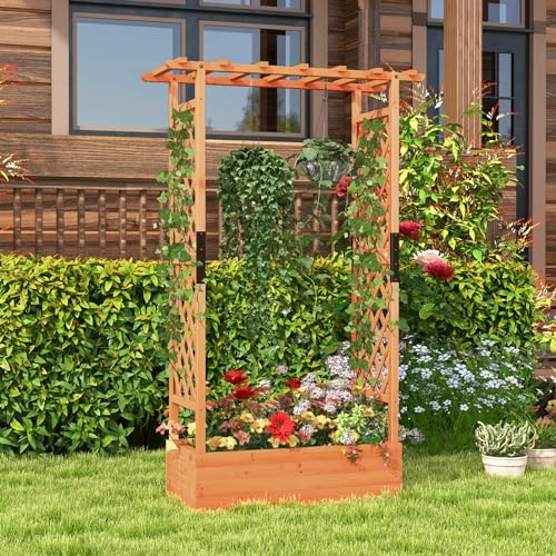 LDAILY Moccha Raised Garden Bed with Trellis, Wood Garden Planter with Hanging Roof, Drainage Holes, Freestanding Elevated Planter Box for Climbing Plants, Vines, Flowers, 43.5" x 17.5" x 72" - WoodArtSupply