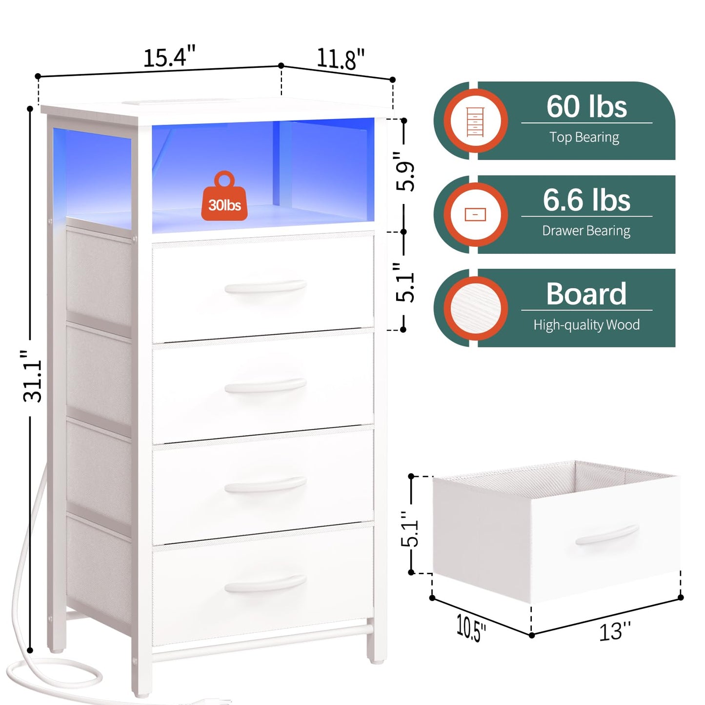 Yoobure White Nightstand - Small Dresser for Bedroom, LED Night Stand with Charger Station, Bedside Table with 4 Fabric Drawers and Open Shelf, Vertical Dressers with USB Ports and Outlets