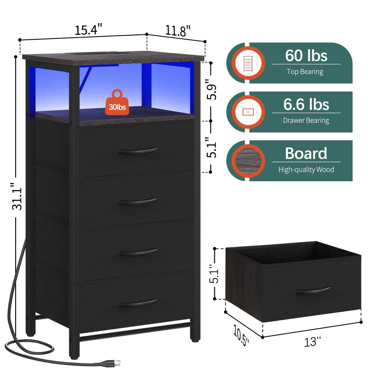 Yoobure Night Stand - LED Nightstand with Charging Station, Bedside Table with 4 Fabric Storage Drawers and Storage Shelf, End Table with USB Ports and Outlets, Tall Dresser for Bedroom Yoobure